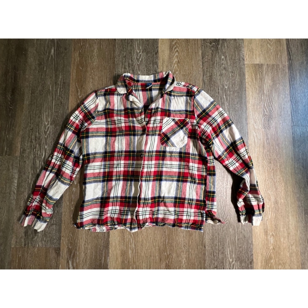 Old Navy Flannel Pajama Top Womens Medium Red White Plaid Button Down L/S